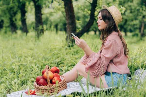 Vue latérale de la jeune femme avec smartphone reposant sur une couverture avec panier en osier plein de pommes dans le parc — Stock Photo