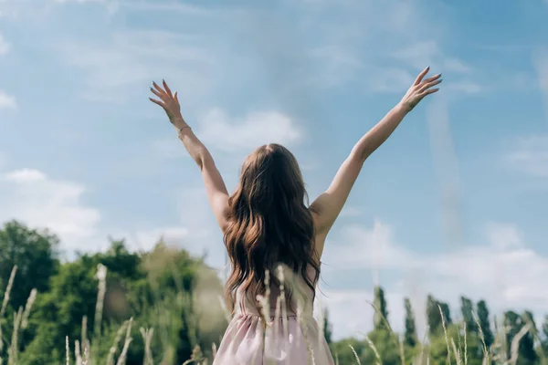 Rückansicht einer Frau in stylischem Kleid mit ausgestreckten Armen, die auf einer Wiese mit blauem Himmel vor dem Hintergrund steht — Stockfoto