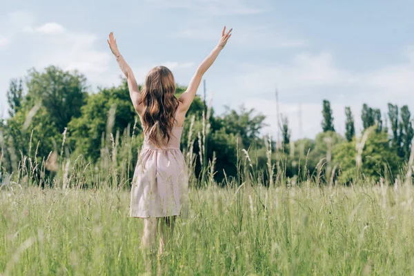 Back view of woman in stylish dress with outstretched arms standing in meadow alone — Stock Photo