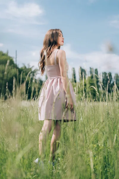 Back view of young pensive woman in stylish dress standing in meadow alone — Stock Photo