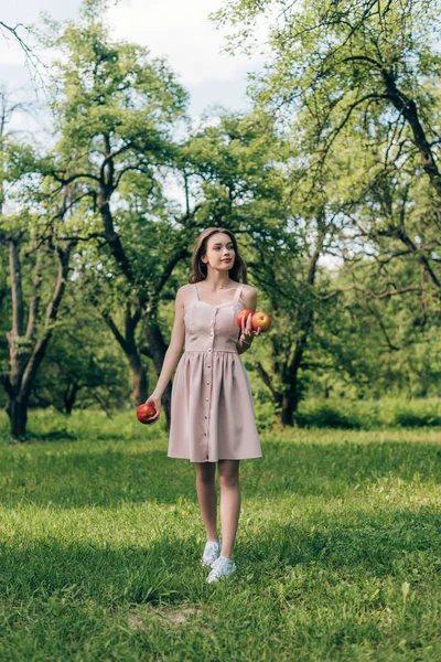 Giovane donna in abito con mele mature a piedi in campagna — Foto stock