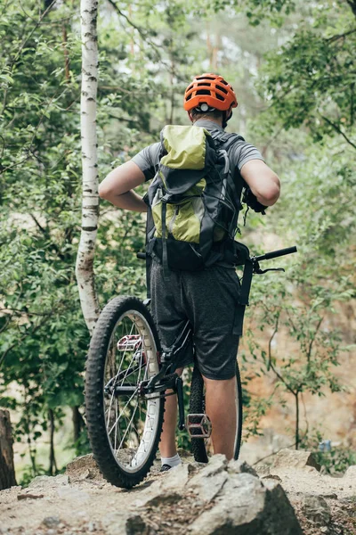 Rückansicht eines männlichen Radfahrers mit Schutzhelm und Rucksack, der mit Fahrrad im Wald steht — Stockfoto