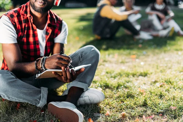 Vista parcial del hombre afroamericano en auriculares con portátil descansando sobre césped verde en el parque - foto de stock