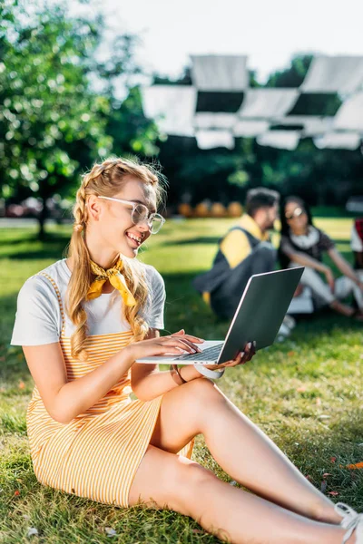 Избирательный фокус молодой улыбчивой женщины с помощью ноутбука и друзей позади покоится на зеленой траве в парке — стоковое фото