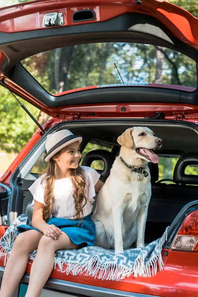 Adorable enfant assis avec chien sur le coffre de la voiture — Photo de stock