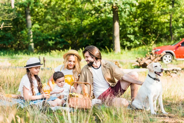 Счастливые родители и дети проводят время на пикнике с собакой — стоковое фото