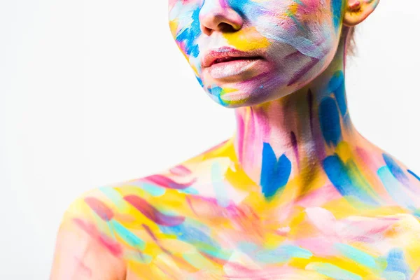 Immagine ritagliata di ragazza con colorata arte del corpo luminoso isolato su bianco — Foto stock