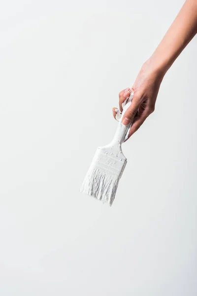 Cropped image of girl holding painting brush with white paint isolated on white — Stock Photo