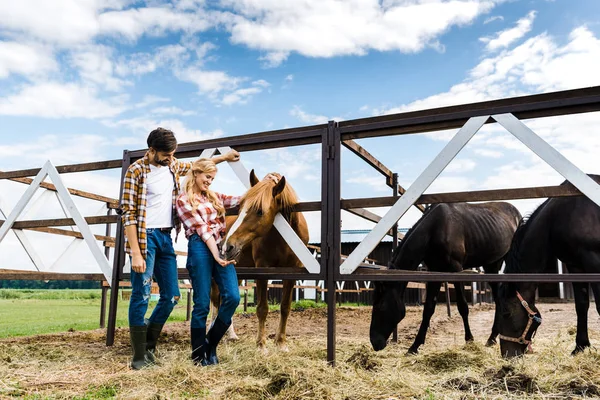 Pareja de felices granjeros palmando caballo en establo - foto de stock