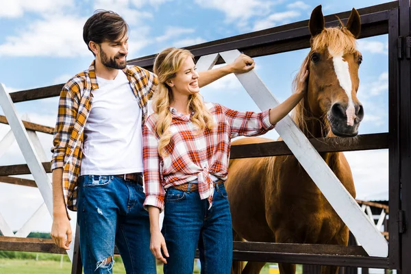 Casal de agricultores sorridentes palmando cavalo no estábulo — Fotografia de Stock