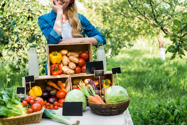 Imagen recortada del agricultor apoyado en cajas con verduras en el mercado agrícola - foto de stock