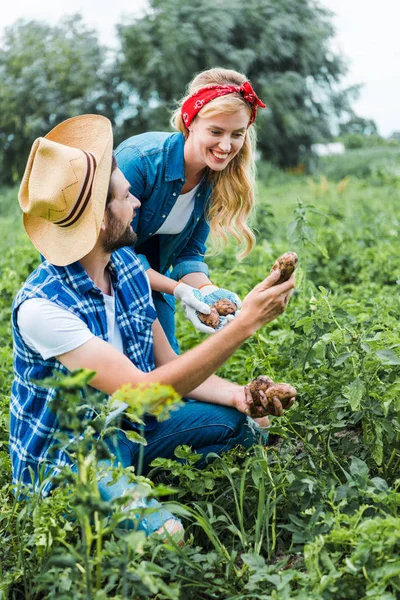 Happy couple of farmers looking at potatoes in field at farm — Stock Photo
