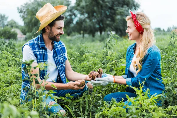 Feliz pareja de agricultores sosteniendo papas maduras en el campo en la granja — Stock Photo