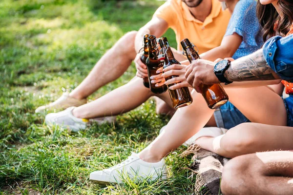 Cropped shot of clinking bottles of beer while resting on green grass in park — Stock Photo