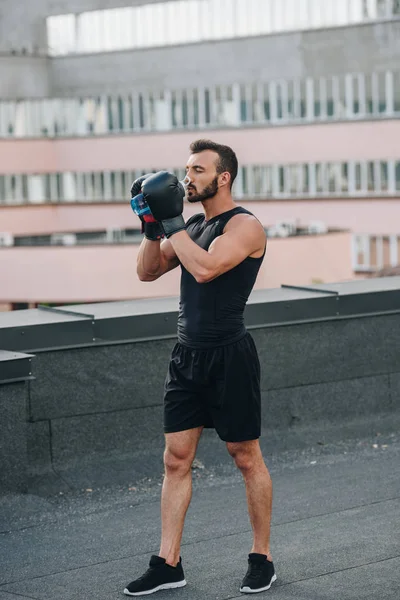 Schöner Boxer in Handschuhen trinkt Wasser aus Sportflasche auf Dach — Stockfoto