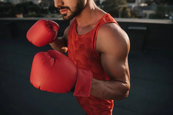 Imagen recortada de entrenamiento de boxeador con guantes de boxeo en el techo - foto de stock