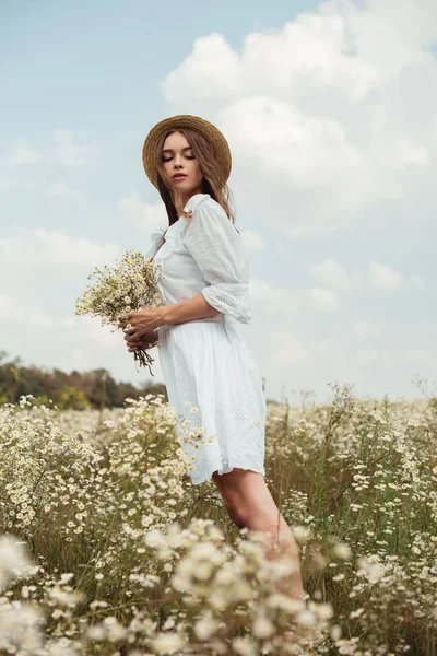 Mujer bonita en vestido blanco con ramo de flores de manzanilla silvestre en el prado - foto de stock