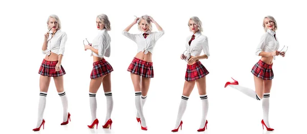 Collage foto de sexy joven en ropa de colegiala posando aislado en blanco - foto de stock