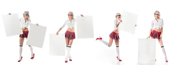 Collage photo de sexy femme blonde en uniforme écolière avec des bannières vierges isolées sur blanc — Photo de stock