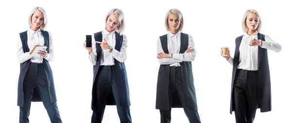 Collage fotografico di donna d'affari in abito formale con diversi oggetti isolati su bianco — Foto stock