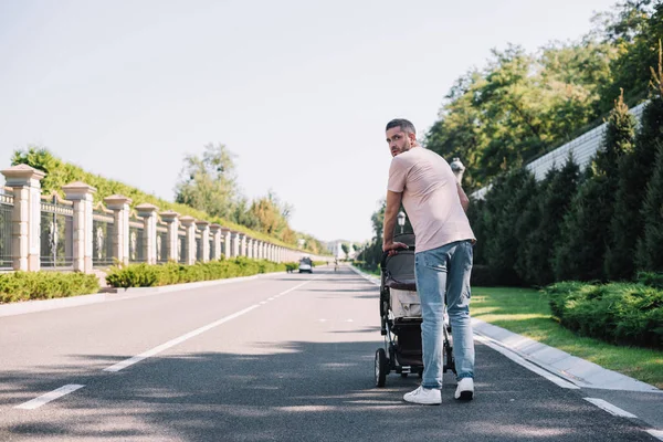 Rear view of father walking with baby carriage in park — Stock Photo