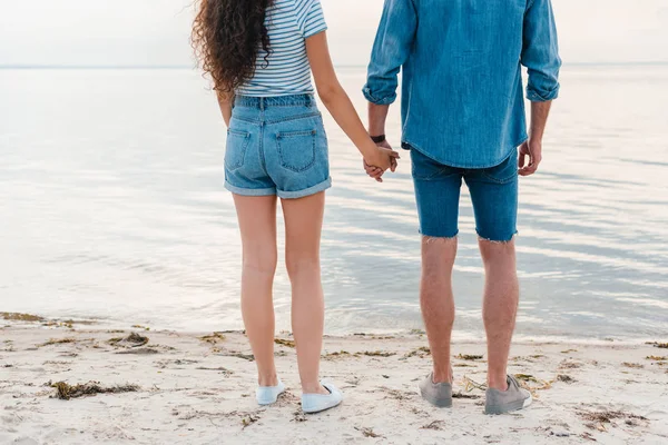 Vista recortada de pareja cogida de la mano y de pie cerca del mar - foto de stock