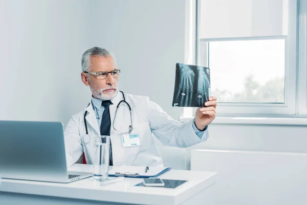 Концентрированный зрелый врач мужского пола анализирует рентгеновские снимки за столом в офисе — стоковое фото
