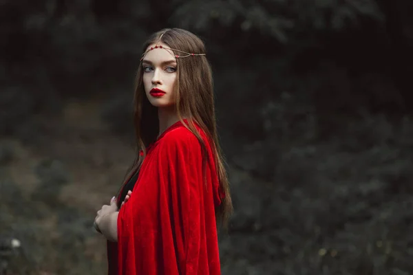 Hermosa chica en capa roja y corona elegante en los bosques - foto de stock