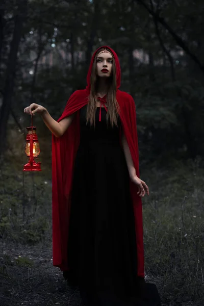 Joven mujer mística en capa roja con lámpara de queroseno caminando en bosques oscuros - foto de stock