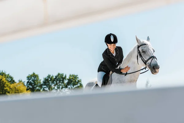 View through fence on attractive female equestrian riding and palming horse at horse club — Stock Photo