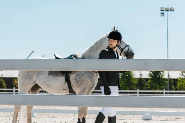 Hermoso macho ecuestre caminando con caballo cerca de valla en caballo club - foto de stock