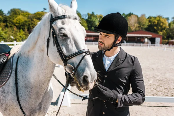 Serious handsome male equestrian fixing horse halter at horse club — Stock Photo