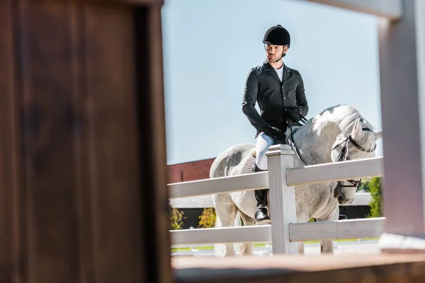 View through fence on handsome male equestrian in professional apparel sitting on horse at ranch — Stock Photo