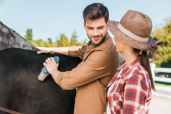 Beau mâle équestre nettoyage cheval noir avec brosse au ranch et regardant femme en chapeau — Photo de stock