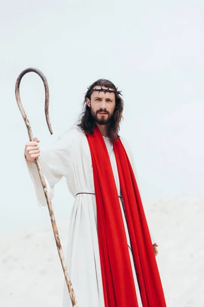 Jesus with long hair standing with wooden staff in desert — Stock Photo