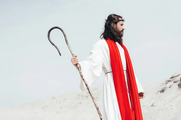 Side view of Jesus in robe, red sash and crown of thorns standing with wooden staff in desert — Stock Photo