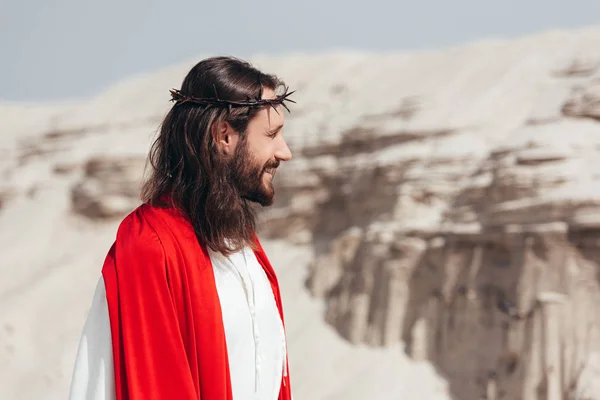 Vue latérale de Jésus souriant en robe, ceinture rouge et couronne d'épines regardant loin dans le désert — Photo de stock