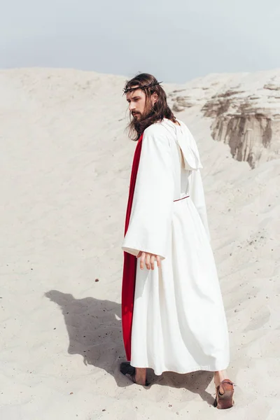 Vista posterior de Jesús en túnica, faja roja y corona de espinas caminando en el desierto - foto de stock