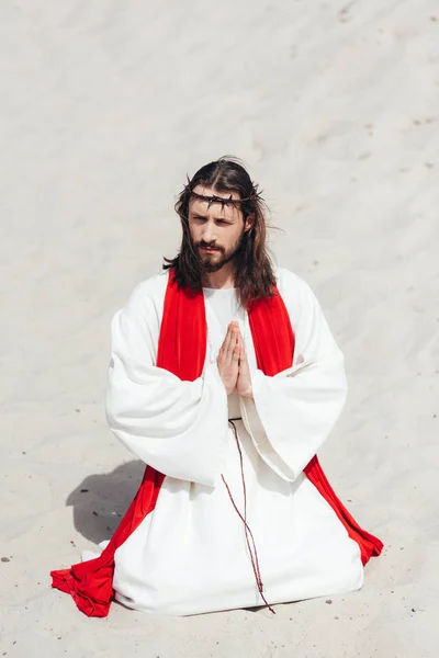 Jesus de roupão, faixa vermelha e coroa de espinhos de joelhos e orando no deserto, desviando o olhar — Fotografia de Stock