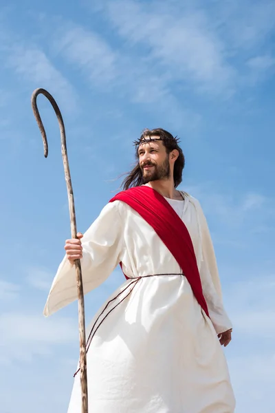 Jesús alegre en túnica, faja roja y corona de espinas de pie con bastón de madera en el desierto - foto de stock