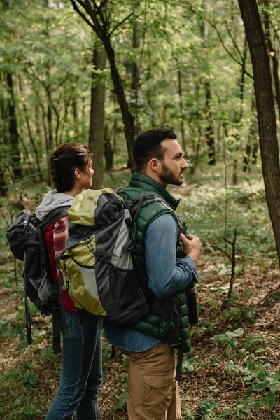 Seitenansicht von Mann und Frau mit Rucksack, die gemeinsam im Wald wandern — Stockfoto
