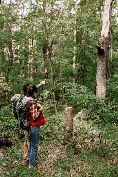 Pareja de jóvenes viajeros con mochilas senderismo en el bosque - foto de stock