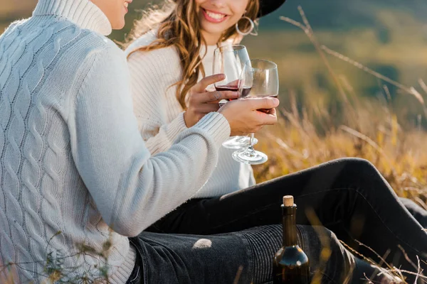 Cropped view of smiling couple clinking with glasses of red wine on meadow — Stock Photo