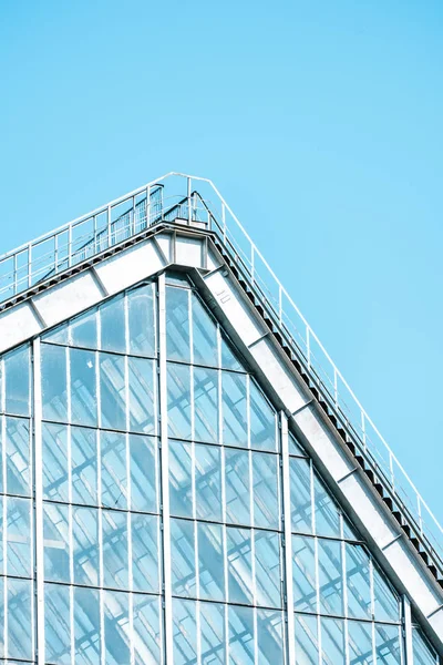 Низький кут огляду скляної будівлі та даху на фоні блакитного неба — стокове фото