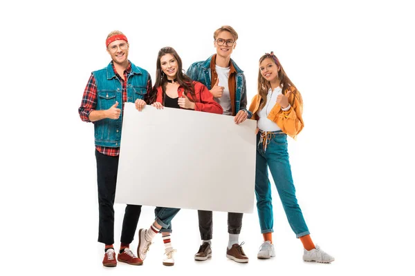 Stylish hipster friends showing thumbs up and holding blank banner isolated on white — Stock Photo
