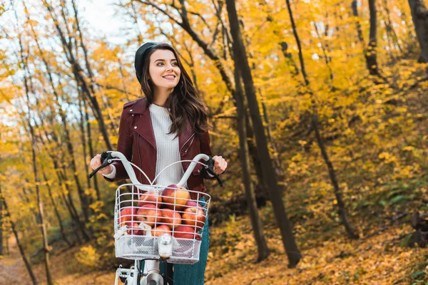 Chica de moda feliz en chaqueta de cuero llevando bicicleta con cesta llena de manzanas rojas en el parque otoñal - foto de stock