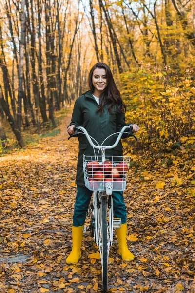 Menina sorridente atraente andando de bicicleta com cesta cheia de maçãs na floresta outonal — Fotografia de Stock