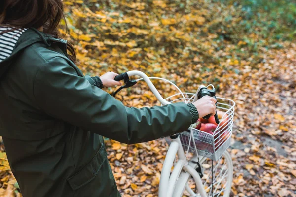 Imagen recortada de mujer llevando bicicleta con cesta llena de manzanas en bosque otoñal amarillo - foto de stock