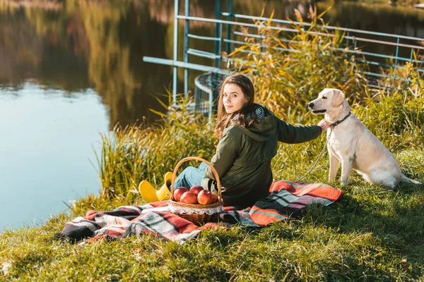 Foco seletivo da jovem mulher situada no cobertor com adorável golden retriever perto da lagoa no parque — Fotografia de Stock