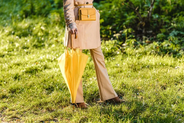 Imagen recortada de la mujer de moda en gabardina posando con paraguas amarillo en el prado - foto de stock